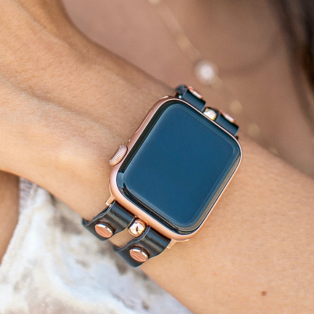 Double Strap Black Leather Iwatch Series 7 Rose Gold Jewelry Feminine Bracelet